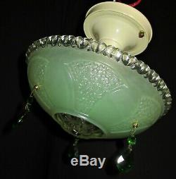 VTG VICTORIAN ART DECO ERA GREEN GLASS SHADE CEILING FIXTURE CHANDELIER 1930's