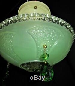 VTG VICTORIAN ART DECO ERA GREEN GLASS SHADE CEILING FIXTURE CHANDELIER 1930's