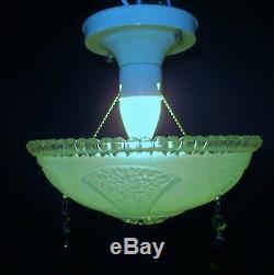 VTG VICTORIAN ART DECO ERA GREEN GLASS SHADE CEILING FIXTURE CHANDELIER 1930's