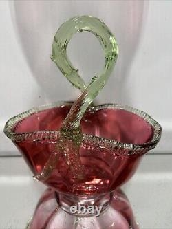 VTG. Victorian Art Glass Stevens & Williams Thorn Green Handle Cranberry Basket