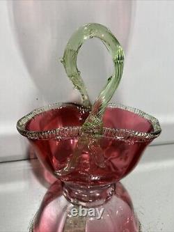 VTG. Victorian Art Glass Stevens & Williams Thorn Green Handle Cranberry Basket