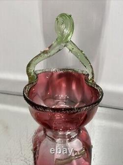 VTG. Victorian Art Glass Stevens & Williams Thorn Green Handle Cranberry Basket