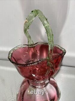 VTG. Victorian Art Glass Stevens & Williams Thorn Green Handle Cranberry Basket