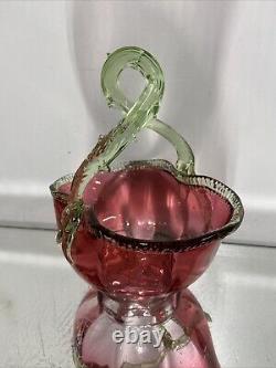 VTG. Victorian Art Glass Stevens & Williams Thorn Green Handle Cranberry Basket