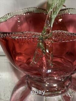 VTG. Victorian Art Glass Stevens & Williams Thorn Green Handle Cranberry Basket