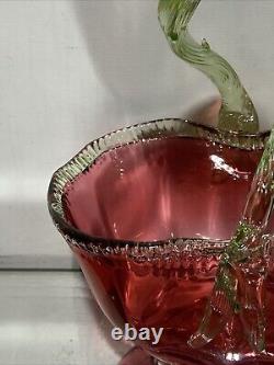 VTG. Victorian Art Glass Stevens & Williams Thorn Green Handle Cranberry Basket