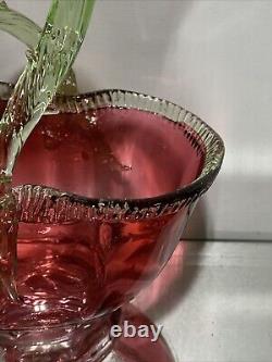 VTG. Victorian Art Glass Stevens & Williams Thorn Green Handle Cranberry Basket