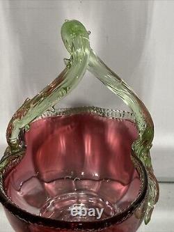 VTG. Victorian Art Glass Stevens & Williams Thorn Green Handle Cranberry Basket