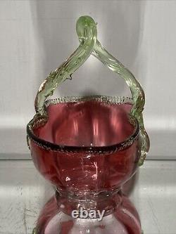 VTG. Victorian Art Glass Stevens & Williams Thorn Green Handle Cranberry Basket