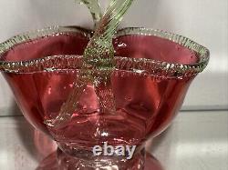 VTG. Victorian Art Glass Stevens & Williams Thorn Green Handle Cranberry Basket