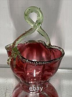 VTG. Victorian Art Glass Stevens & Williams Thorn Green Handle Cranberry Basket