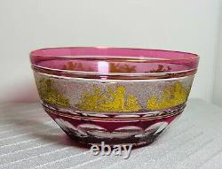 Val St Lambert Beaudoin Cranberry Cut to Clear Gold Putti Glass Dessert Bowl