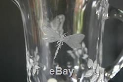 Varga Springtime Art Crystal Water Pitcher Ewer Butterfly Dragonfly Signed