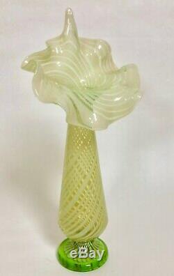 Vaseline Opalescent Glass Tall Jack In Pulpit Spiral Swirl Vase