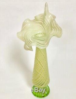 Vaseline Opalescent Glass Tall Jack In Pulpit Spiral Swirl Vase