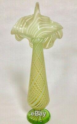 Vaseline Opalescent Glass Tall Jack In Pulpit Spiral Swirl Vase