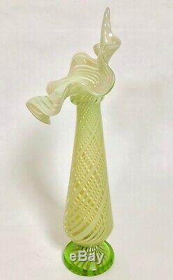 Vaseline Opalescent Glass Tall Jack In Pulpit Spiral Swirl Vase