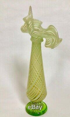 Vaseline Opalescent Glass Tall Jack In Pulpit Spiral Swirl Vase