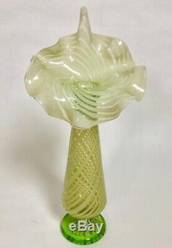 Vaseline Opalescent Glass Tall Jack In Pulpit Spiral Swirl Vase