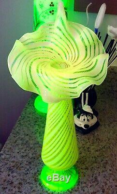 Vaseline Opalescent Glass Tall Jack In Pulpit Spiral Swirl Vase