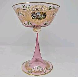 Venetian Enameled Figural Landscape Scene Pink Champagne / Sherbert Glass 6 #6