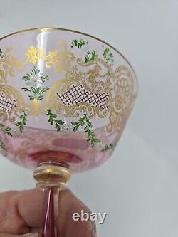 Venetian Enameled Figural Landscape Scene Pink Champagne / Sherbert Glass 6 #6