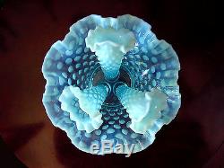 ViNTaGe FENTON BLuE OPaLeSCeNT HoBNaiL ArT GLaSs Epergne Bowl 3 Lily Horn Vase