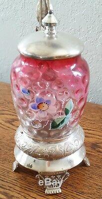 Vict FIGURAL FRUIT Art Glass Amberina Cranberry Thumbprint Enamel Pickle Castor