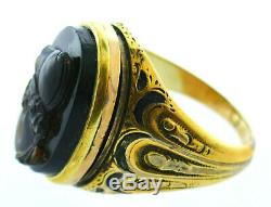 Victorian 14k Yellow Gold Carved Black Brown Art Glass Cameo Poison Ring