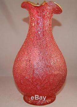 Victorian 1870's Overshot Cranberry Glass Ruffled Top Art Glass Antique Vase