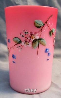 Victorian 1880's Pink Cased Satin Art Glass Enamel Floral Decorated Tumbler B