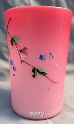 Victorian 1880's Pink Cased Satin Art Glass Enamel Floral Decorated Tumbler B