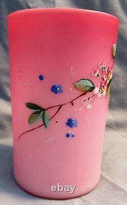 Victorian 1880's Pink Cased Satin Art Glass Enamel Floral Decorated Tumbler B