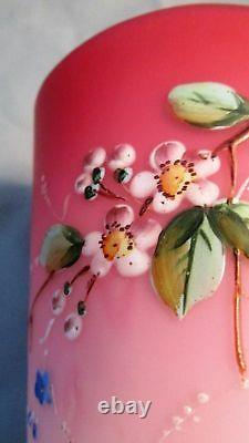 Victorian 1880's Pink Cased Satin Art Glass Enamel Floral Decorated Tumbler B