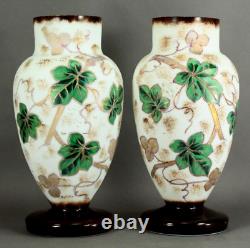 =Victorian 19th/20th c. Bristol Glass Vases Pair of Opaque White w. Painted Ivy