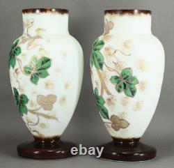 =Victorian 19th/20th c. Bristol Glass Vases Pair of Opaque White w. Painted Ivy