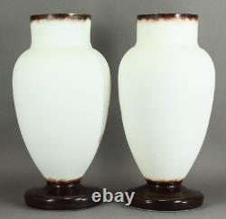 =Victorian 19th/20th c. Bristol Glass Vases Pair of Opaque White w. Painted Ivy
