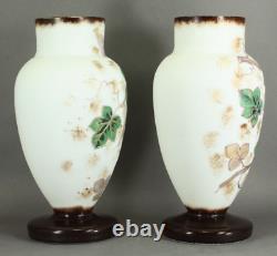 =Victorian 19th/20th c. Bristol Glass Vases Pair of Opaque White w. Painted Ivy