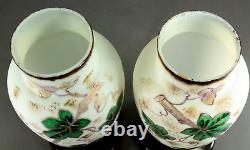 =Victorian 19th/20th c. Bristol Glass Vases Pair of Opaque White w. Painted Ivy