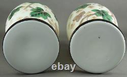 =Victorian 19th/20th c. Bristol Glass Vases Pair of Opaque White w. Painted Ivy