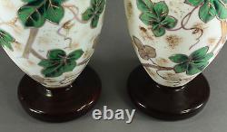 =Victorian 19th/20th c. Bristol Glass Vases Pair of Opaque White w. Painted Ivy