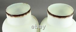 =Victorian 19th/20th c. Bristol Glass Vases Pair of Opaque White w. Painted Ivy