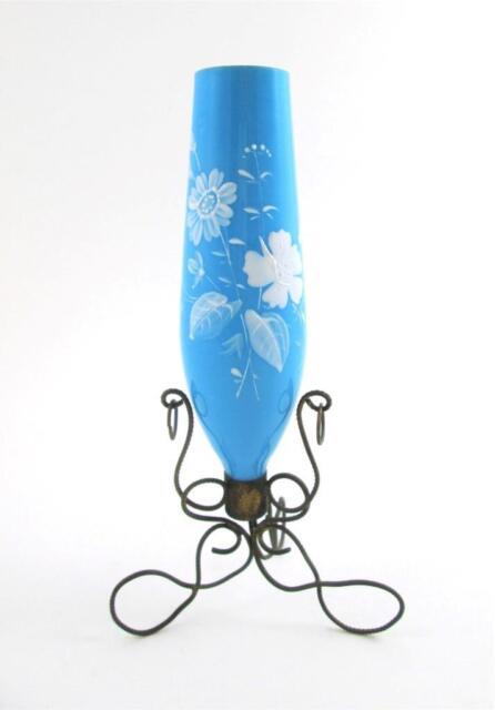 Victorian 7 Bud Vase White Enamel Flowers On Blue Opal Glass Wire Base 1890's
