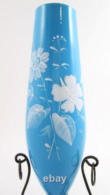 Victorian 7 BUD VASE White enamel Flowers on BLUE opal glass WIRE base 1890's