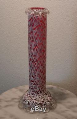 Victorian Antique Art Glass Arabesque Ruby with Opal Craquelle Overshot Vase