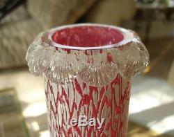 Victorian Antique Art Glass Arabesque Ruby with Opal Craquelle Overshot Vase