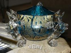 Victorian Antique Art Glass Aurora Glass Footed Blue Bowl with Gilding