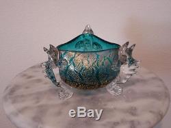 Victorian Antique Art Glass Aurora Glass Footed Blue Bowl with Gilding