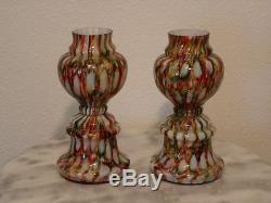 Victorian Antique Art Glass Bohemian Peacock Pattern Pair of Posy Vases