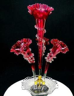 Victorian Antique Art Glass Cranberry Crimped Rigaree Trial 4 Horn Epergne 1875